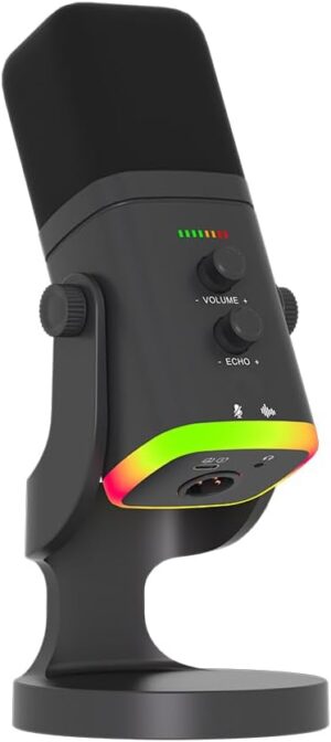 USB/XLR Desktop Dynamic Microphone with RGB Light, Noise Reduction & Mute Button for Podcast Recording, PC Computer Gaming Streaming Mic with RGB Light, Mute Button, Headphones Jack (Black)