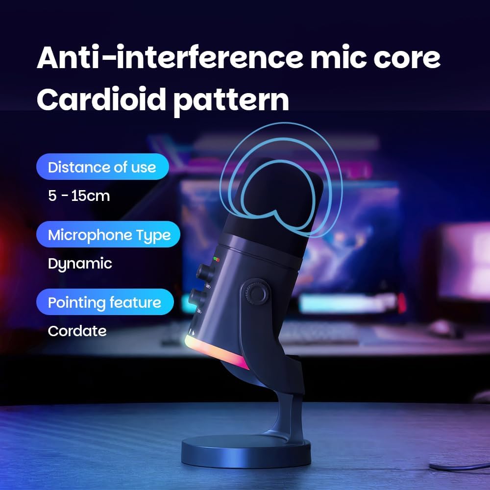 USB/XLR Desktop Dynamic Microphone with RGB Light, Noise Reduction & Mute Button for Podcast Recording, PC Computer Gaming Streaming Mic with RGB Light, Mute Button, Headphones Jack (Black) - Image 2
