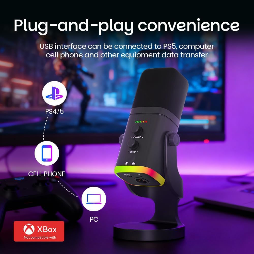 USB/XLR Desktop Dynamic Microphone with RGB Light, Noise Reduction & Mute Button for Podcast Recording, PC Computer Gaming Streaming Mic with RGB Light, Mute Button, Headphones Jack (Black) - Image 3