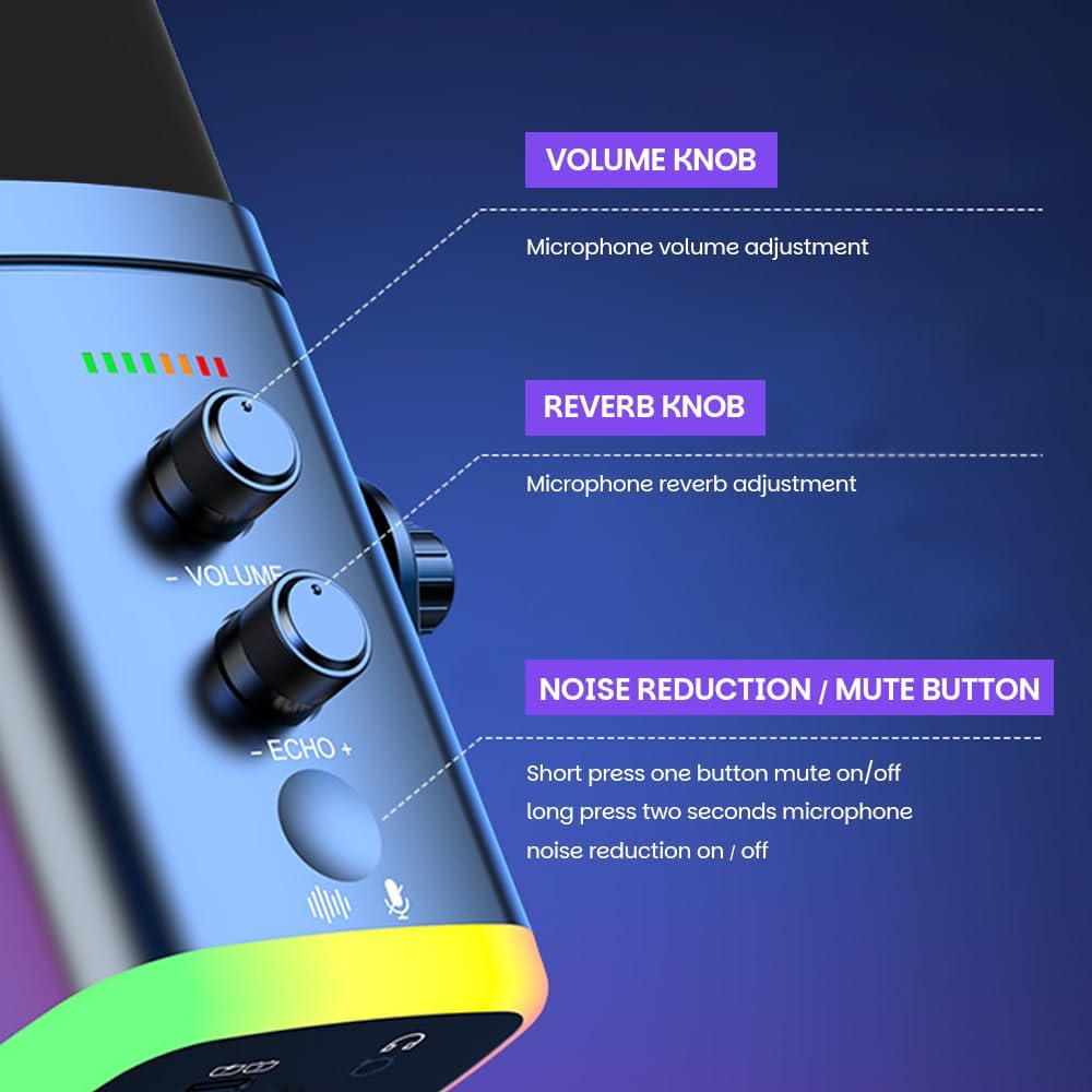 USB/XLR Desktop Dynamic Microphone with RGB Light, Noise Reduction & Mute Button for Podcast Recording, PC Computer Gaming Streaming Mic with RGB Light, Mute Button, Headphones Jack (Black) - Image 4