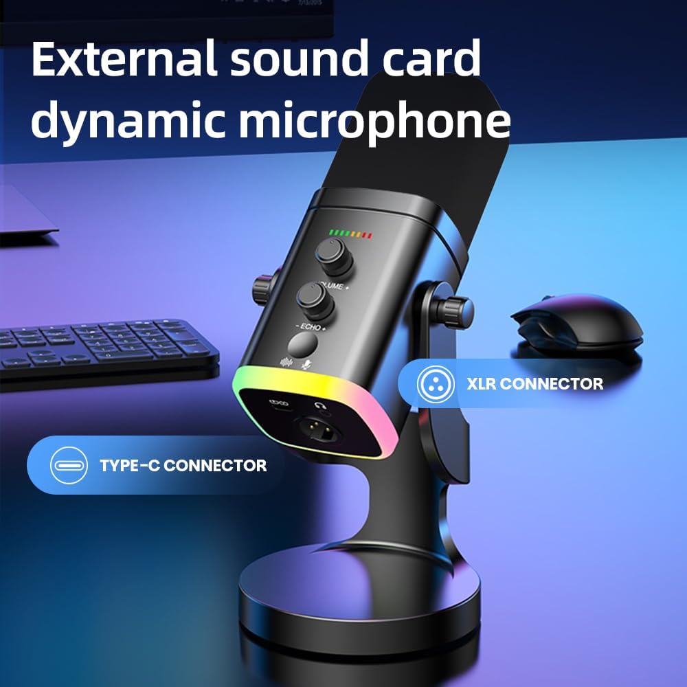 USB/XLR Desktop Dynamic Microphone with RGB Light, Noise Reduction & Mute Button for Podcast Recording, PC Computer Gaming Streaming Mic with RGB Light, Mute Button, Headphones Jack (Black) - Image 5