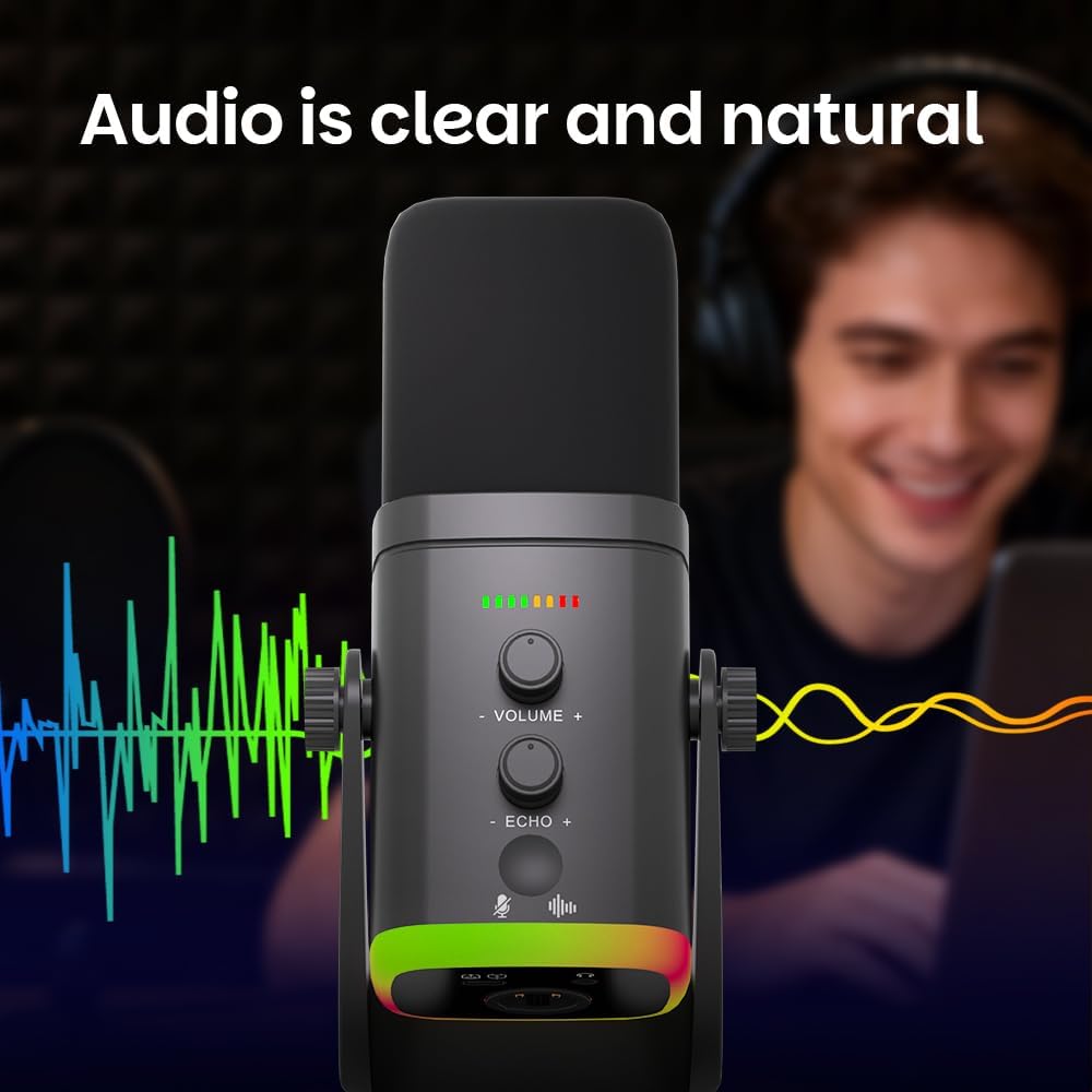 USB/XLR Desktop Dynamic Microphone with RGB Light, Noise Reduction & Mute Button for Podcast Recording, PC Computer Gaming Streaming Mic with RGB Light, Mute Button, Headphones Jack (Black) - Image 8