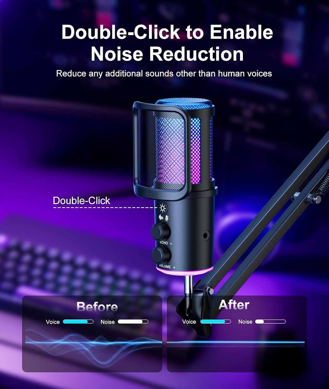 Gaming USB Microphone, Noise Cancellation Condenser Mic with Mute,Boom Arm Mic-Reverb Adjustment, Monitoring for Streaming, Podcasting, Discord, YouTube,PC, Computer, PS4, PS5, Mac - Image 2
