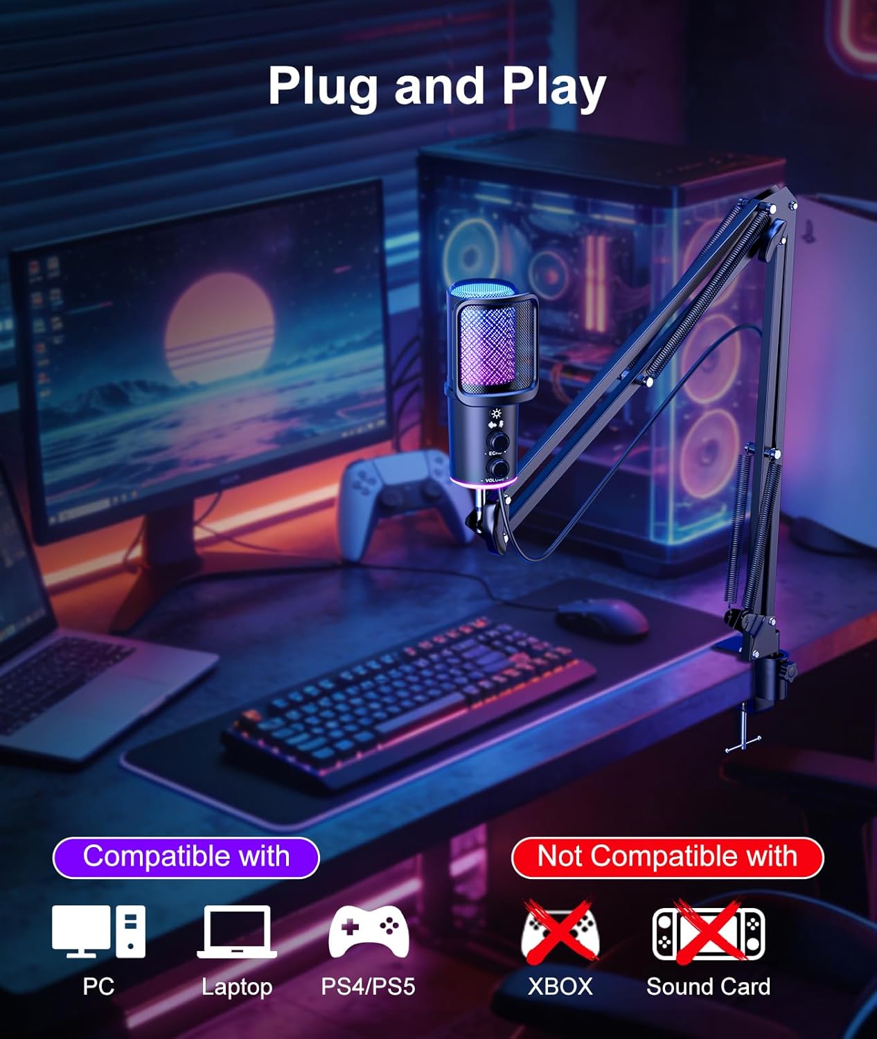 Gaming USB Microphone, Noise Cancellation Condenser Mic with Mute,Boom Arm Mic-Reverb Adjustment, Monitoring for Streaming, Podcasting, Discord, YouTube,PC, Computer, PS4, PS5, Mac - Image 6