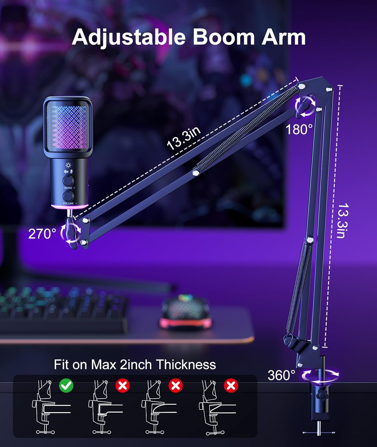 Gaming USB Microphone, Noise Cancellation Condenser Mic with Mute,Boom Arm Mic-Reverb Adjustment, Monitoring for Streaming, Podcasting, Discord, YouTube,PC, Computer, PS4, PS5, Mac - Image 7