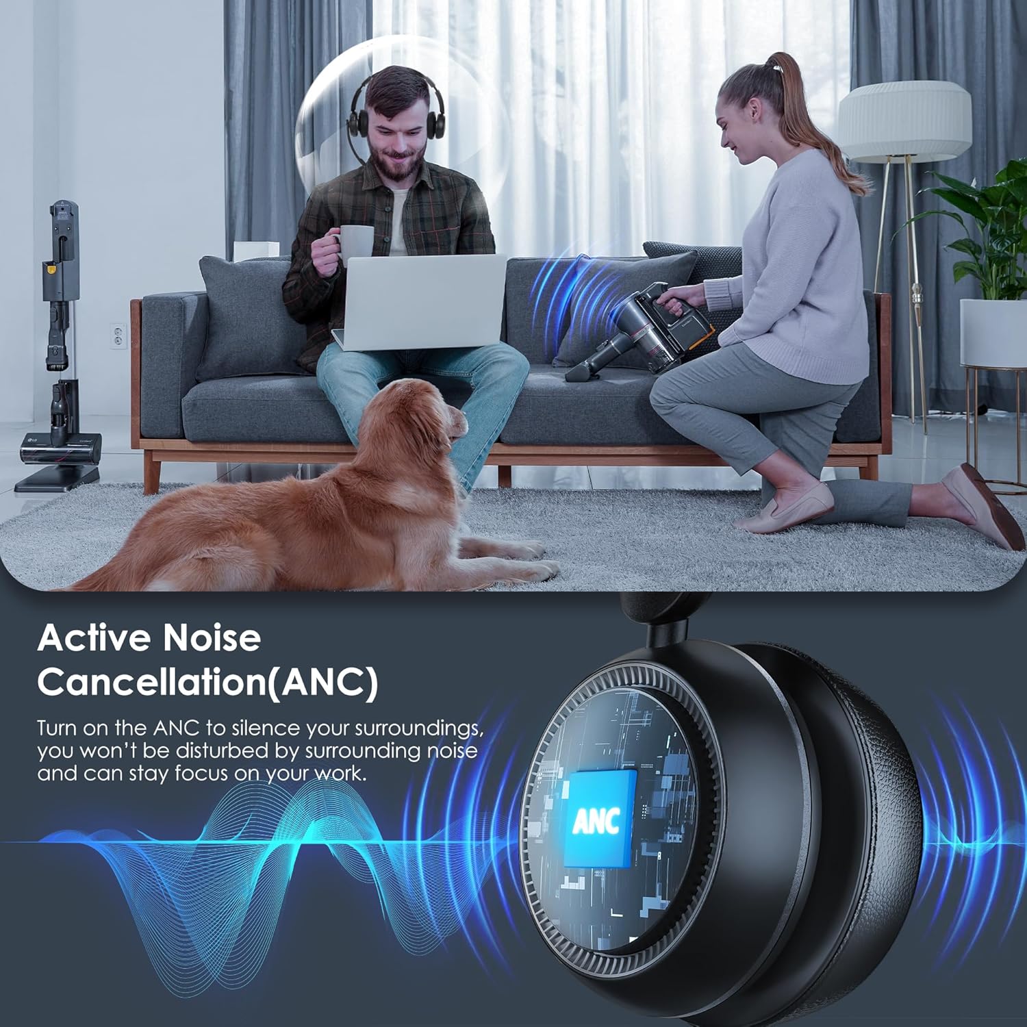 Upgrade ANC & ENC Headset with Microphone for PC, Wireless Headset with Mic for Work(Flip-to-Mute & USB Dongle), Bluetooth 5.4 Noise Cancelling Headphones with Mic for Call Center/Home/Computer/Phones - Image 3