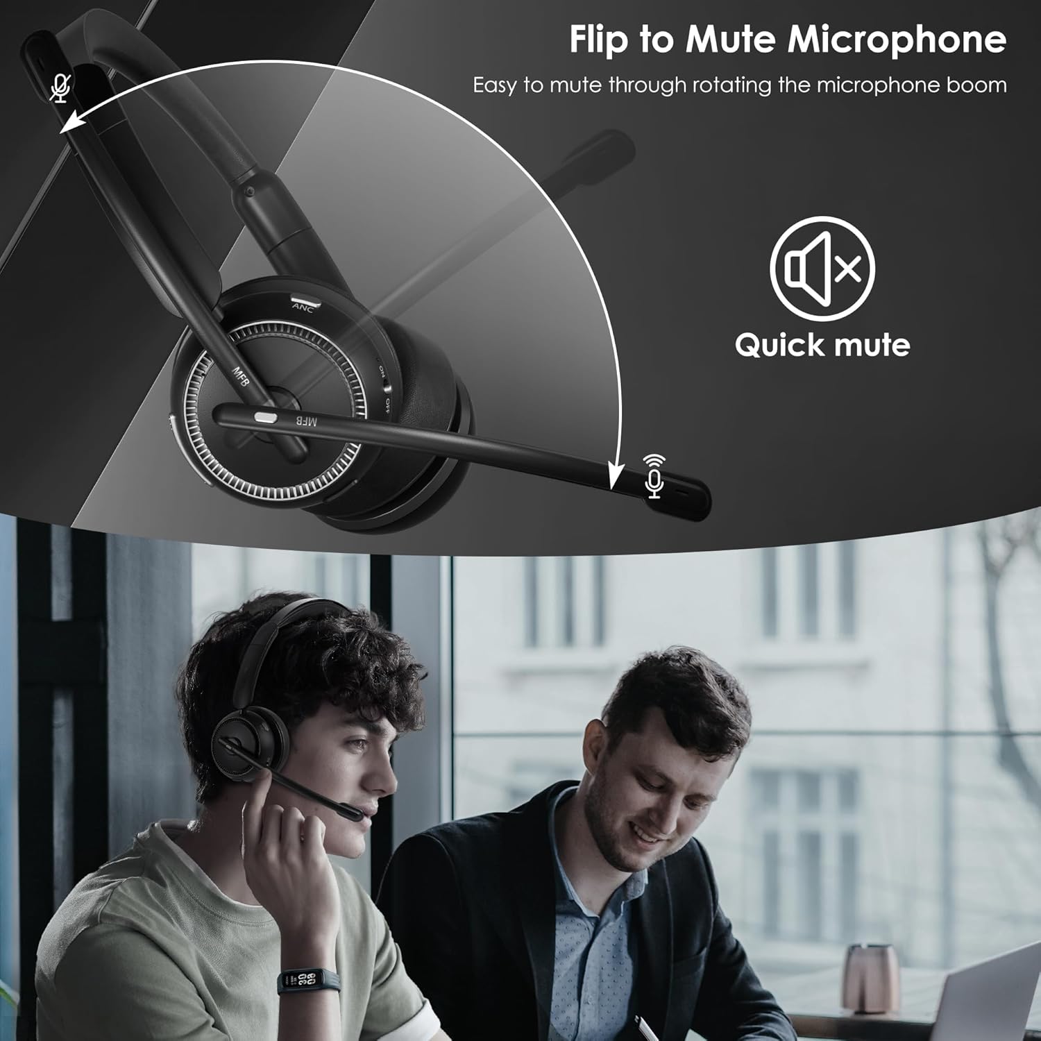 Upgrade ANC & ENC Headset with Microphone for PC, Wireless Headset with Mic for Work(Flip-to-Mute & USB Dongle), Bluetooth 5.4 Noise Cancelling Headphones with Mic for Call Center/Home/Computer/Phones - Image 5
