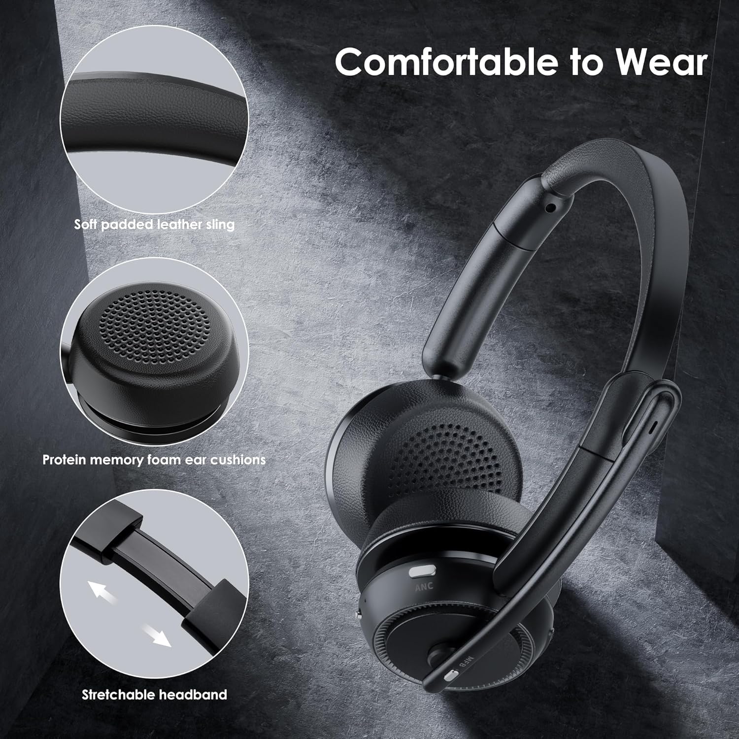 Upgrade ANC & ENC Headset with Microphone for PC, Wireless Headset with Mic for Work(Flip-to-Mute & USB Dongle), Bluetooth 5.4 Noise Cancelling Headphones with Mic for Call Center/Home/Computer/Phones - Image 7